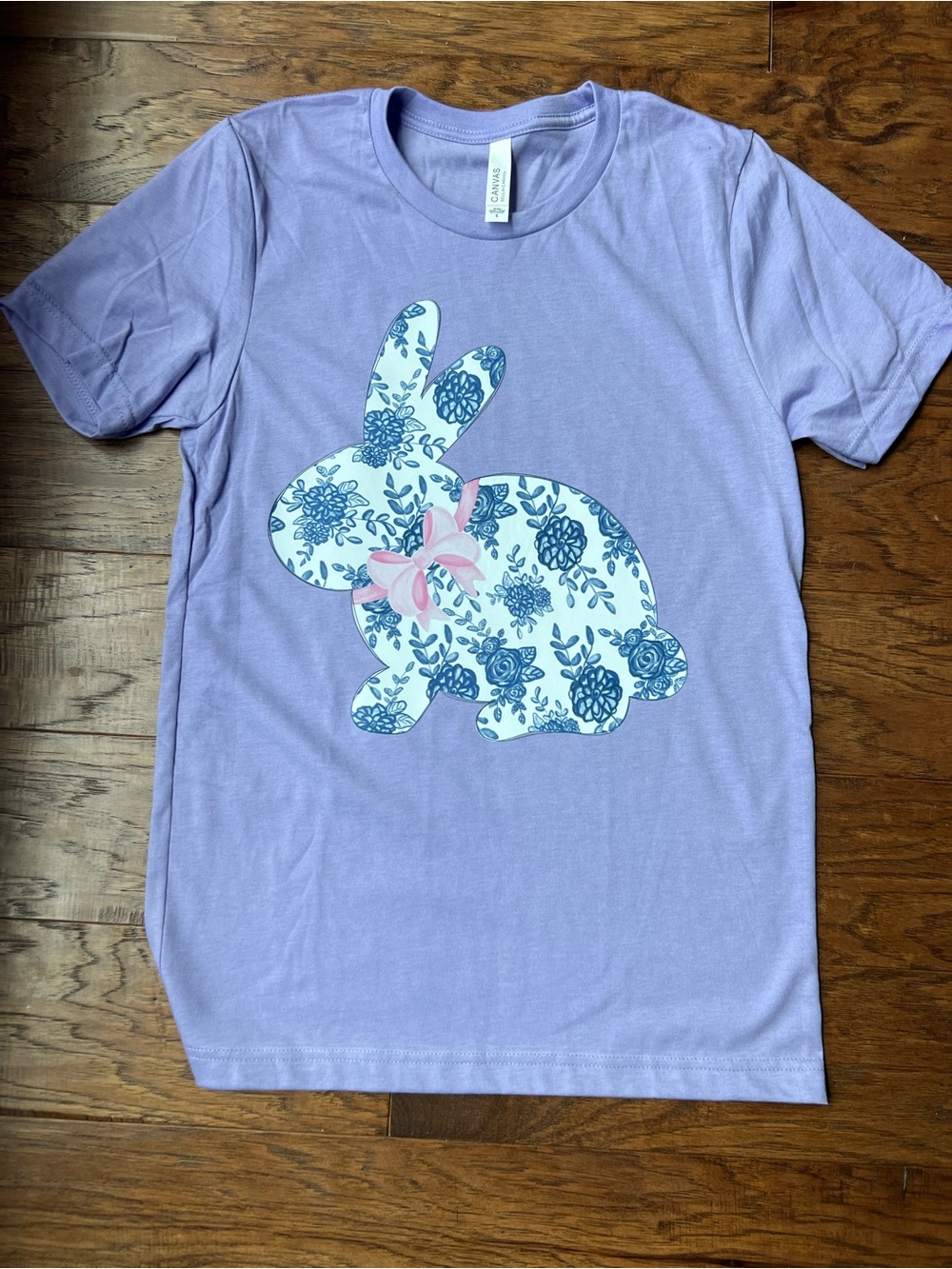 Bella Canvas Lavender Short Sleeve Tee with Blue Floral Bunny and Pink Bow